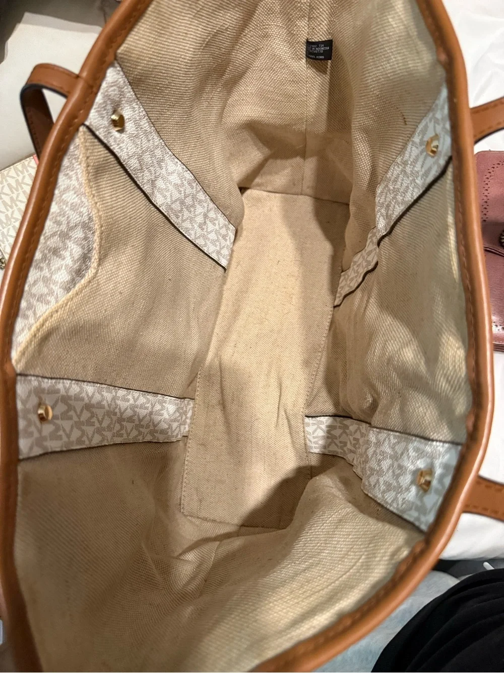 Michael Kors Cream Tote with Pink Stripe and Brown Trim